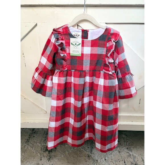 The Oaks Apparel Co. Other - The Oaks Apparel Sarah Beth Plaid Ruffle Bell Sleeve Dress Red White Gray Size 5